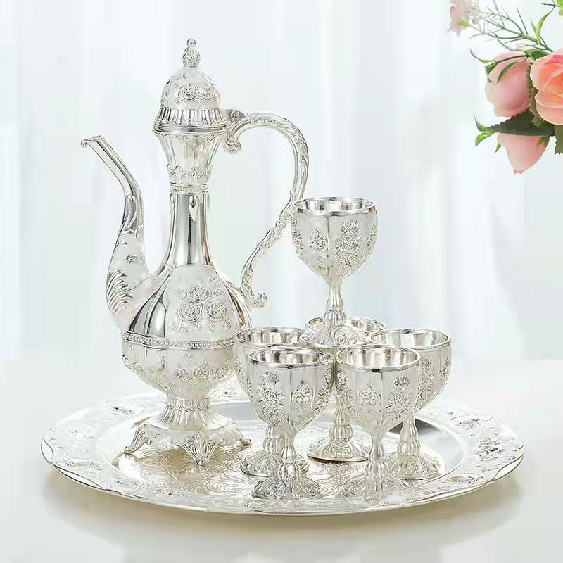 Vintage Palace Style Liquor Serving Set - Metal Pot, 6 Cups & Tray (Silver) - Image 2