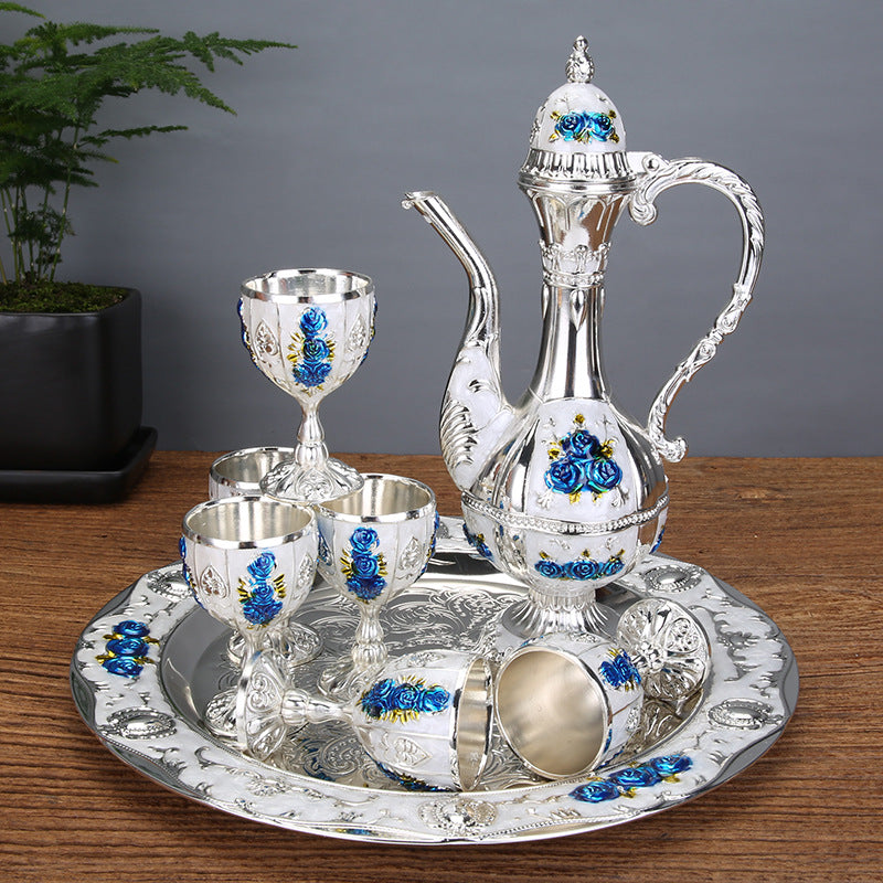Vintage Palace Style Liquor Serving Set - Metal Pot, 6 Cups & Tray (Silvery blue rose) - Image 2