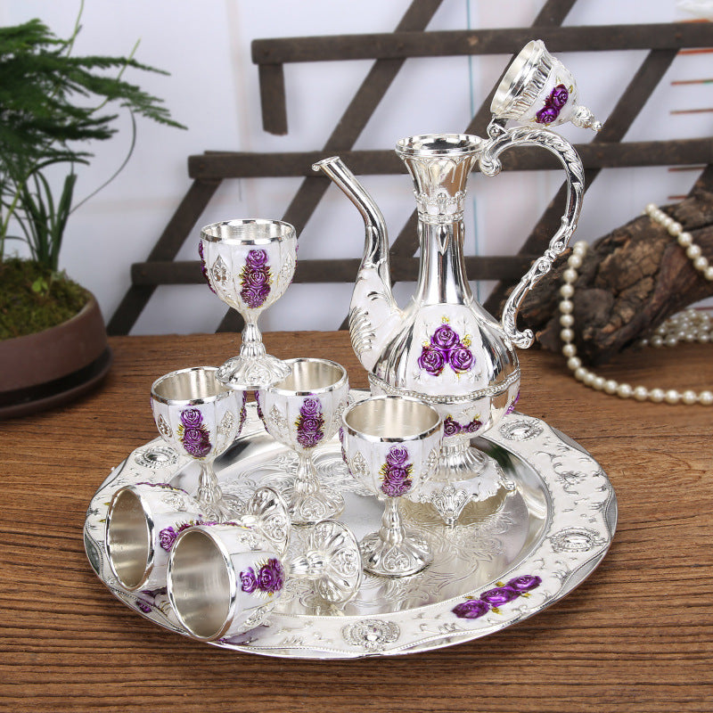 Vintage Palace Style Liquor Serving Set - Metal Pot, 6 Cups & Tray (Silver Purple Rose) - Image 2