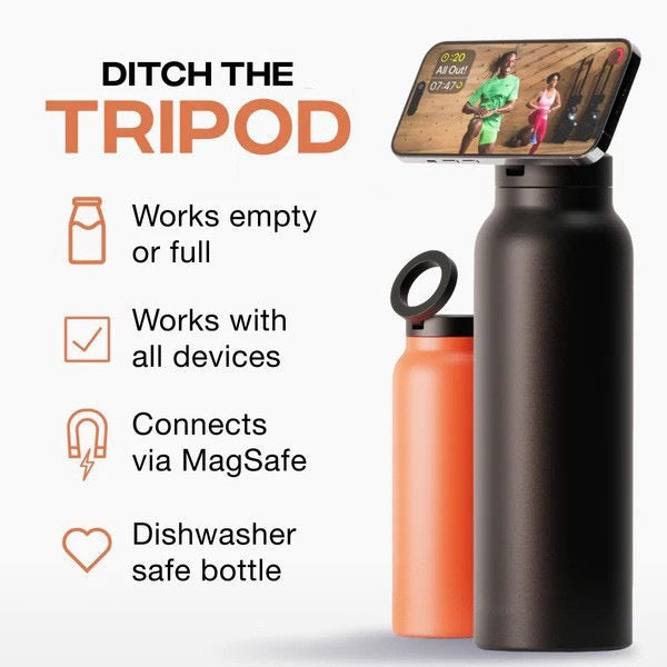 Stainless Steel Insulated Water Bottle with Integrated Magnetic Phone Stand - Silver (32oz) - Image 3