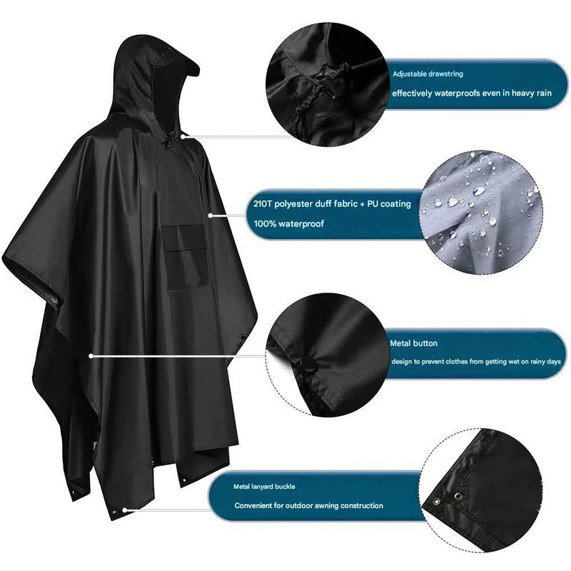 Black Portable Outdoor Camping Poncho - Can be used as Raincoat, Tarp, Ground Cover - Image 3