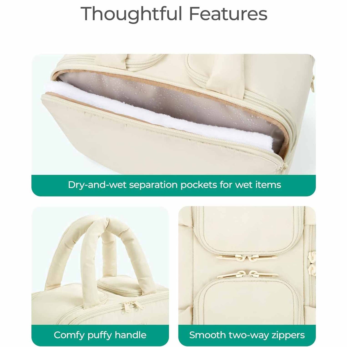 White Puffy Travel Wash Bag with Wide-Mouth Access and Wet-Dry Pockets - Image 2