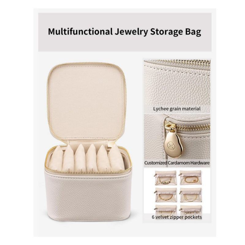 White Compact Travel Jewelry Box with 6 Individual Velvet Zipper Pouches - Image 2