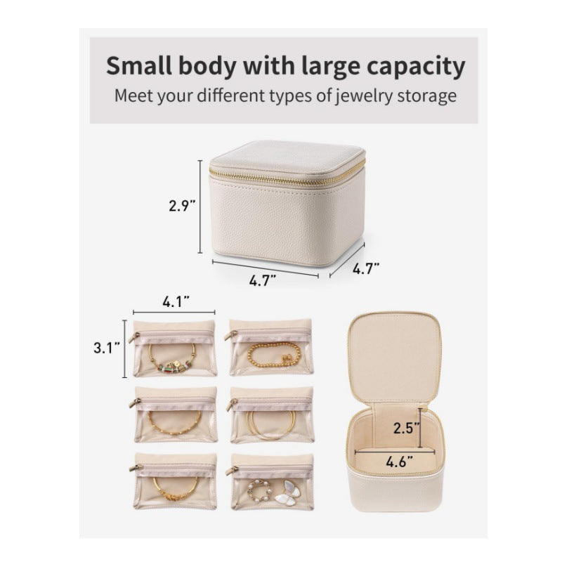 White Compact Travel Jewelry Box with 6 Individual Velvet Zipper Pouches - Image 3