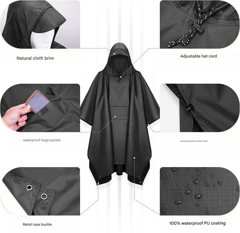 Black Portable Outdoor Camping Poncho - Can be used as Raincoat, Tarp, Ground Cover (Polyester silver coated without pockets) - Image 4