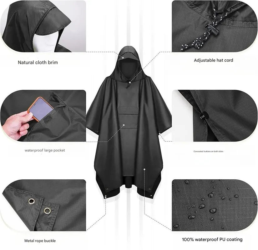 Black Portable Outdoor Camping Poncho - Can be used as Raincoat, Tarp, Ground Cover (Polyester silver coated without pockets) - Image 4
