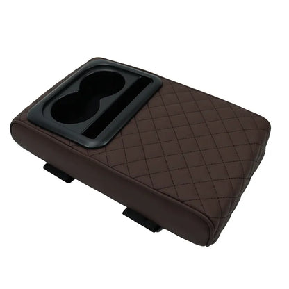 Dark Brown Auto Center Console Armrest Riser Pad with Dual Cup Holders - PU Leather