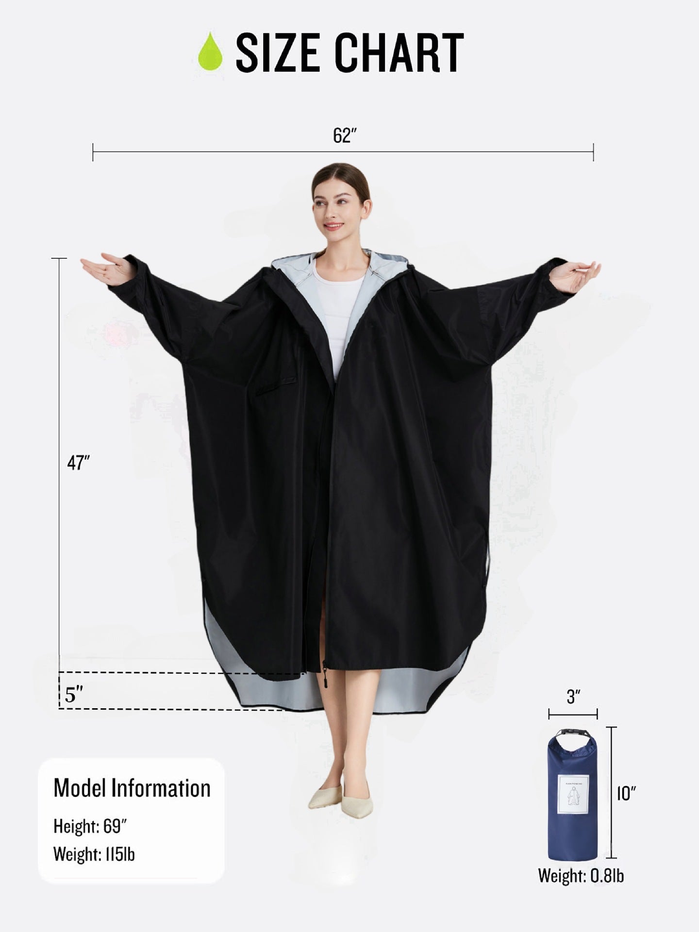Black Stylish Waterproof Raincoat Poncho - Long, Packable for Outdoor Travel & Hiking - Image 2
