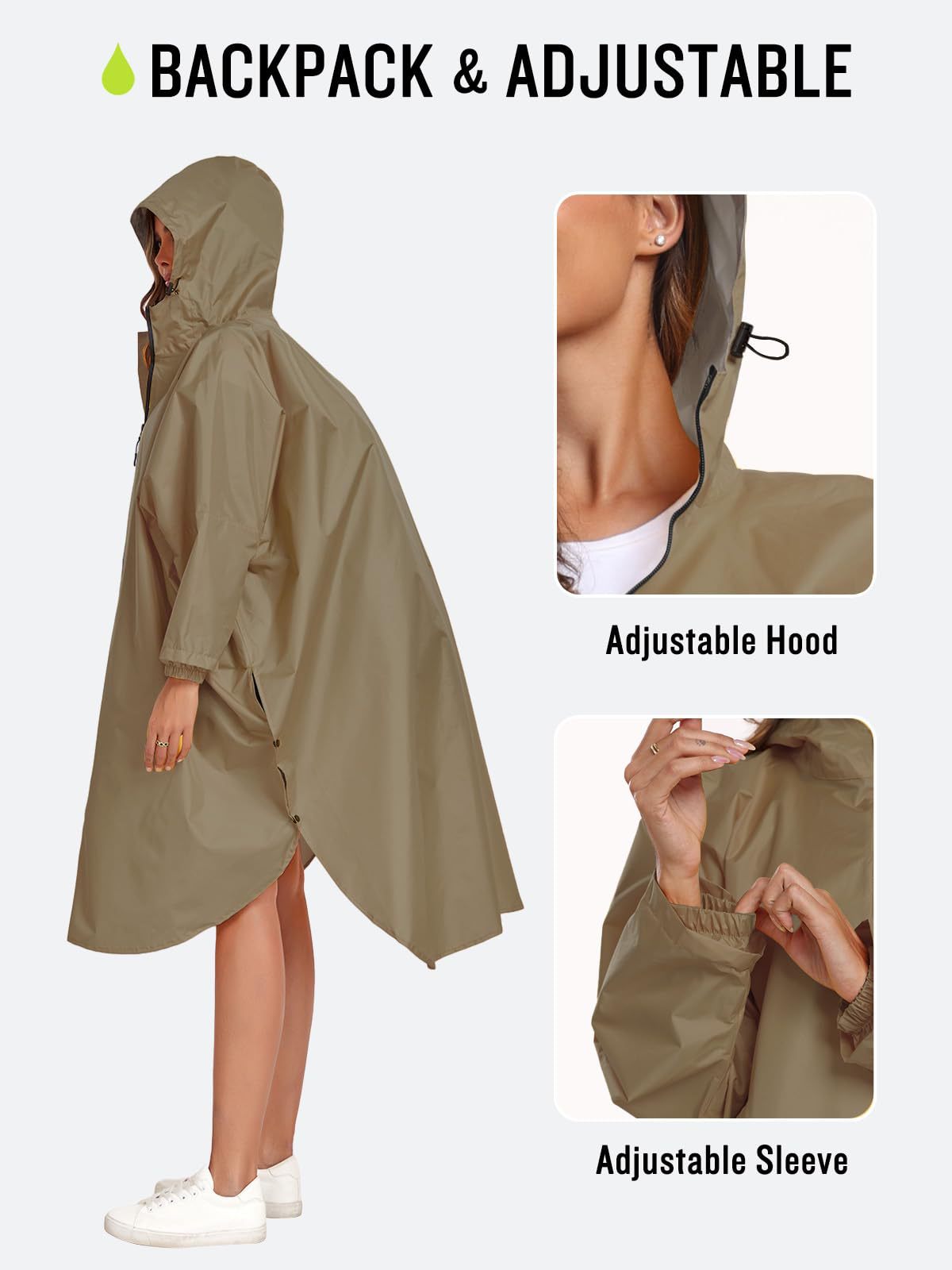 Black Stylish Waterproof Raincoat Poncho - Long, Packable for Outdoor Travel & Hiking - Image 3