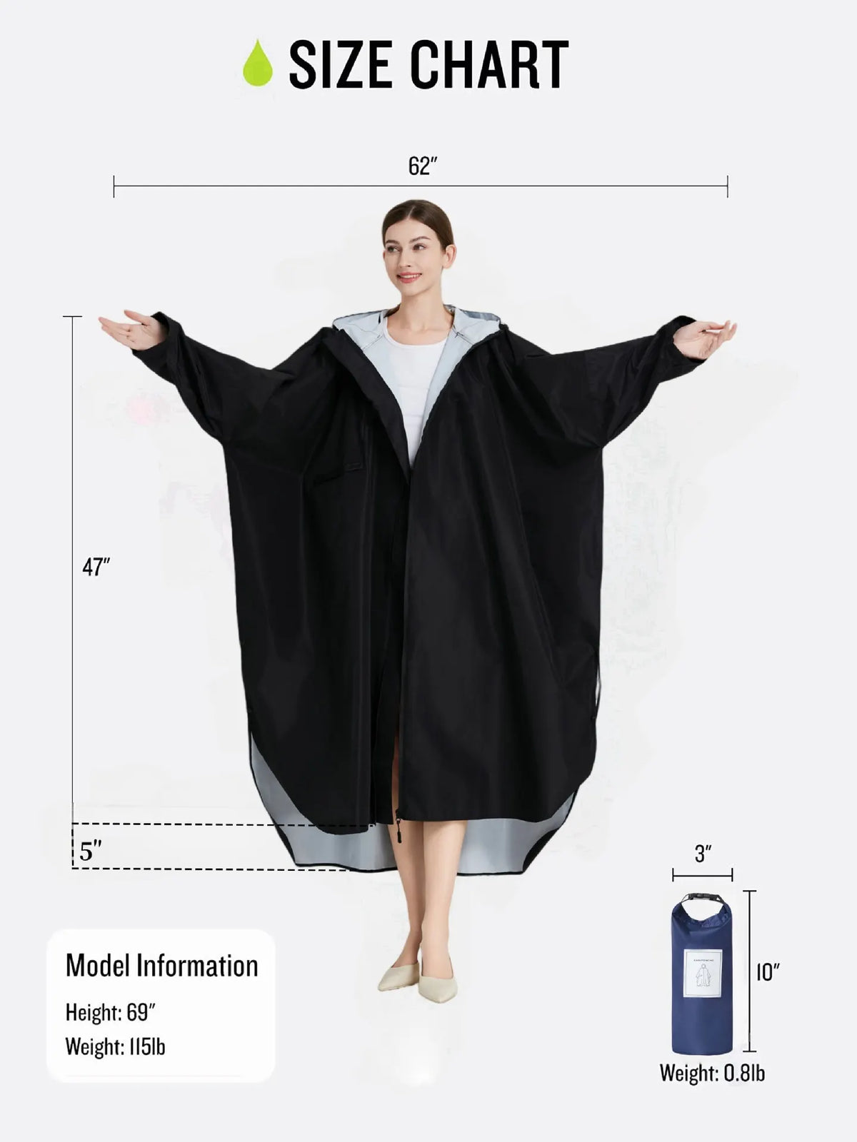 Sea blue Stylish Waterproof Raincoat Poncho - Long, Packable for Outdoor Travel & Hiking - Image 2