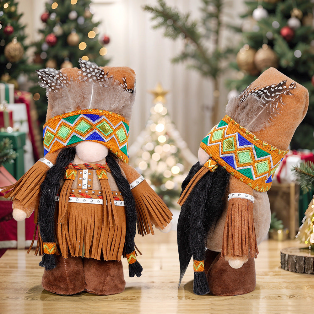 Plush Thanksgiving Dolls - Faceless Figures with Fringe & Braids (Set of 2) - Image 2