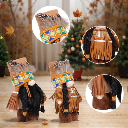 Handmade Thanksgiving Doll Set - Boy Figures with Feather Headbands - Image 2