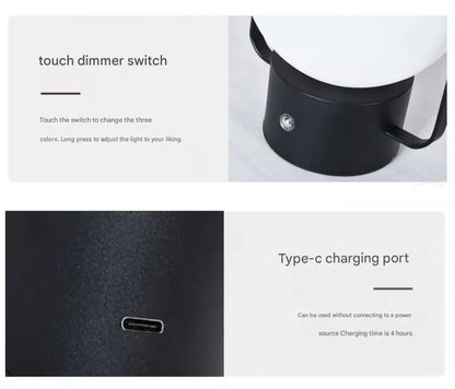 Black Portable Rechargeable LED Lantern Lamp - Touch Control 3-Color Dimmable Desk Light - Image 7