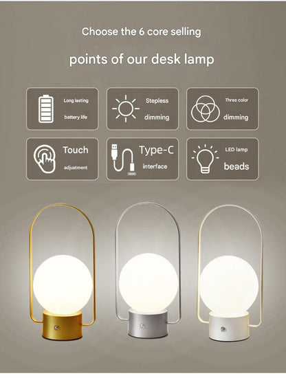 Silver Portable Rechargeable LED Lantern Lamp - Touch Control 3-Color Dimmable Desk Light - Image 3