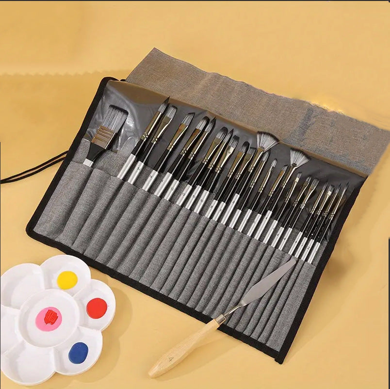 24pc Artist Paint Brush Set with Canvas Roll-Up Case - Nylon Hair Brushes for Acrylic Watercolor Oil Gouache Painting - Image 4