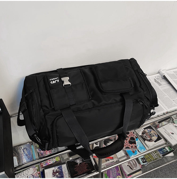 Black Unisex Travel Bag with Utility Buckles and Wet/Dry Compartments - Image 4