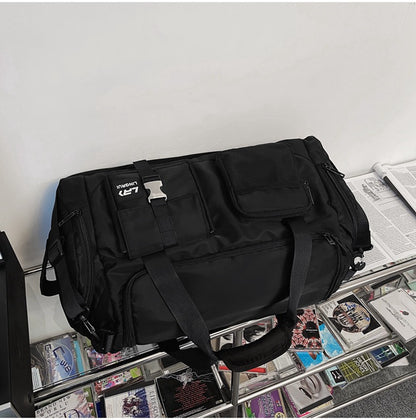 Black Unisex Travel Bag with Utility Buckles and Wet/Dry Compartments - Image 4