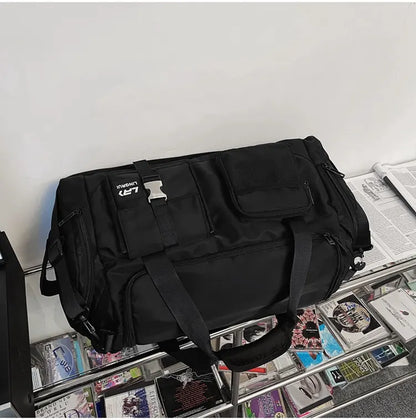 Black Unisex Travel Bag with Utility Buckles and Wet/Dry Compartments - Image 4