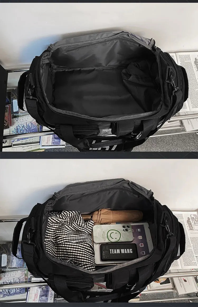 Black Unisex Travel Bag with Utility Buckles and Wet/Dry Compartments - Image 5