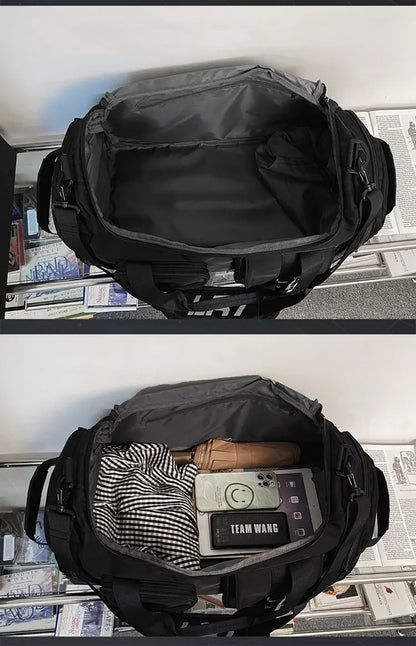 Black Unisex Travel Bag with Utility Buckles and Wet/Dry Compartments - Image 5