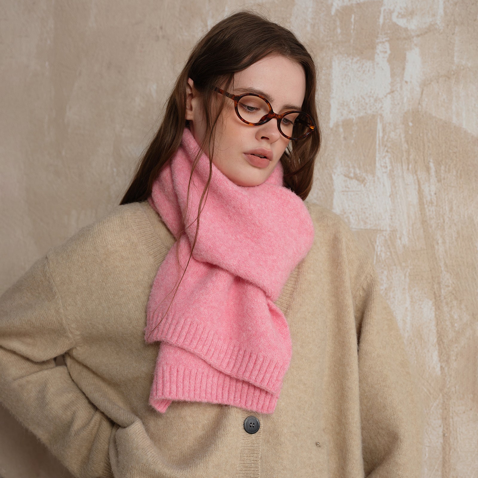 Pink Soft Wool Blend Knitted Scarf Women Men Winter Pure Color Neck Wrap (157x22cm) - Image 3