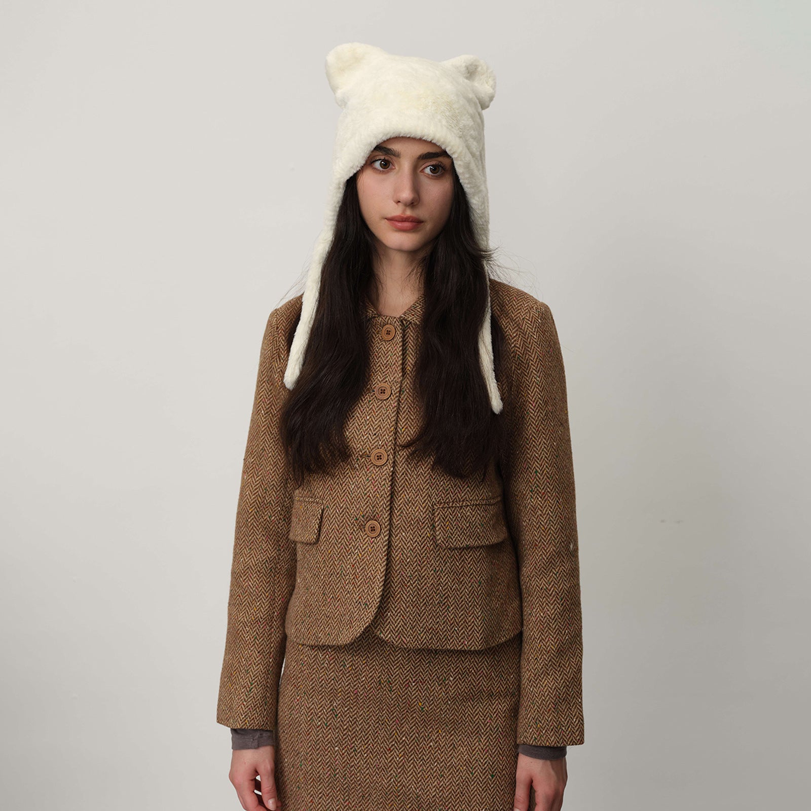 White Fluffy Cat Ear Winter Earflap Hat Women Knitted Warm Cold Weather Cap - Image 2