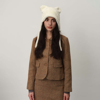 White Fluffy Cat Ear Winter Earflap Hat Women Knitted Warm Cold Weather Cap - Image 2