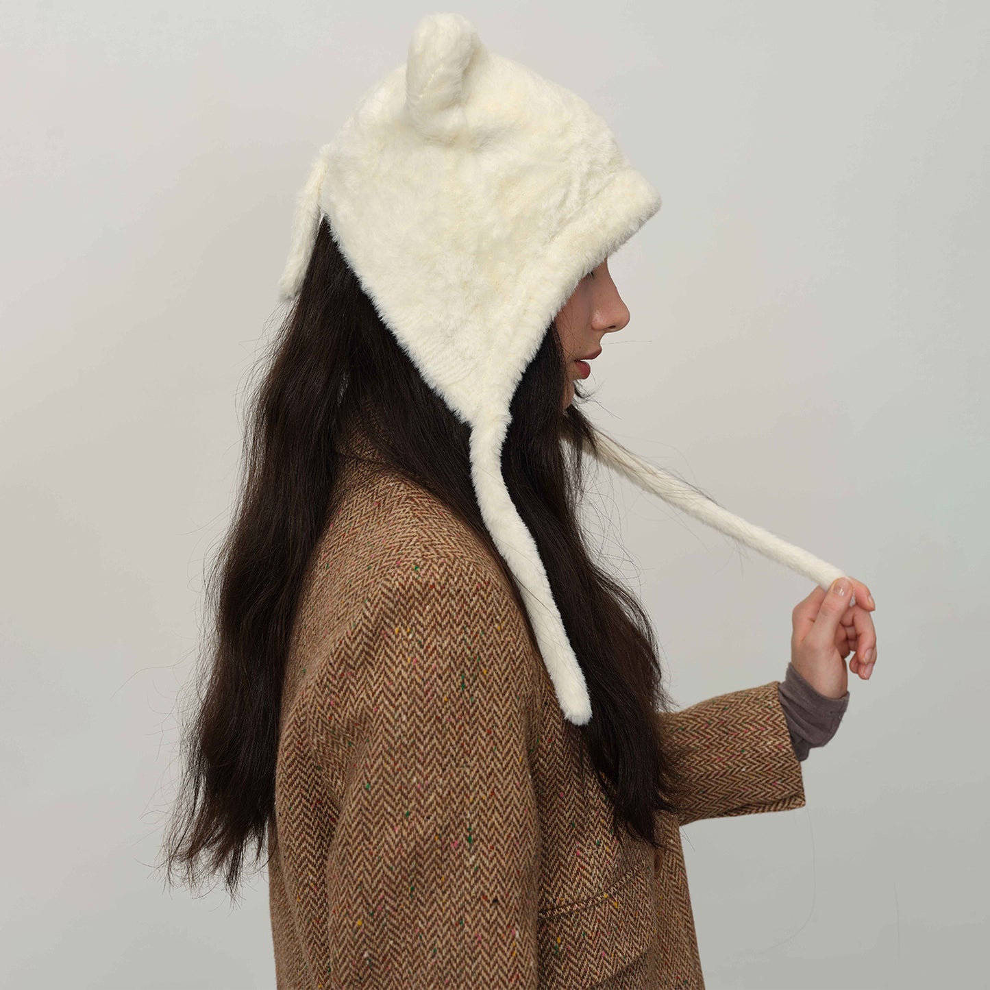 White Fluffy Cat Ear Winter Earflap Hat Women Knitted Warm Cold Weather Cap - Image 3