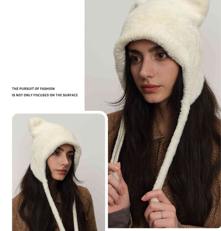 White Fluffy Cat Ear Winter Earflap Hat Women Knitted Warm Cold Weather Cap - Image 4