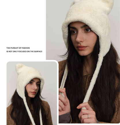 White Fluffy Cat Ear Winter Earflap Hat Women Knitted Warm Cold Weather Cap - Image 4