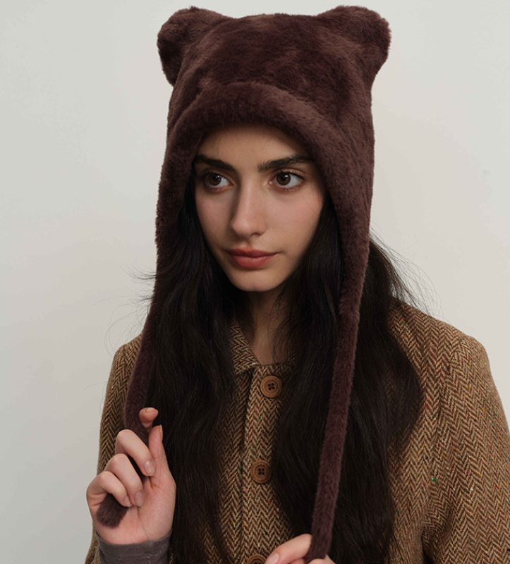 Dark brown Fluffy Cat Ear Winter Earflap Hat Women Knitted Warm Cold Weather Cap - Image 2