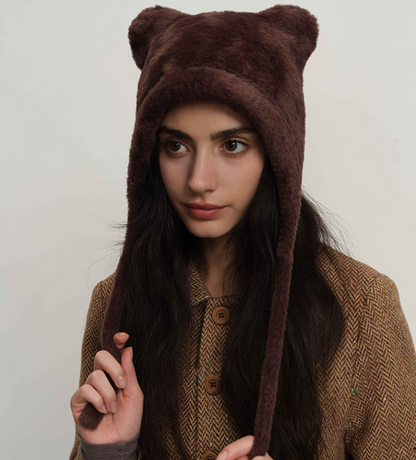 Dark brown Fluffy Cat Ear Winter Earflap Hat Women Knitted Warm Cold Weather Cap - Image 2