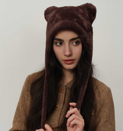 Dark brown Fluffy Cat Ear Winter Earflap Hat Women Knitted Warm Cold Weather Cap - Image 3