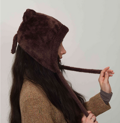 Dark brown Fluffy Cat Ear Winter Earflap Hat Women Knitted Warm Cold Weather Cap - Image 4