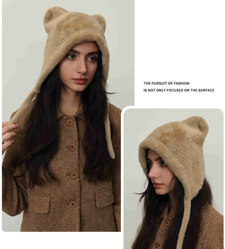 Beige Fluffy Cat Ear Winter Earflap Hat Women Knitted Warm Cold Weather Cap - Image 2