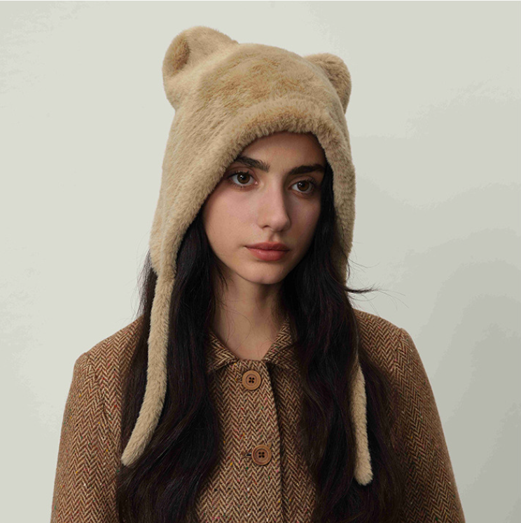 Beige Fluffy Cat Ear Winter Earflap Hat Women Knitted Warm Cold Weather Cap - Image 3