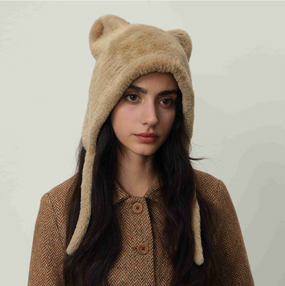 Beige Fluffy Cat Ear Winter Earflap Hat Women Knitted Warm Cold Weather Cap - Image 3