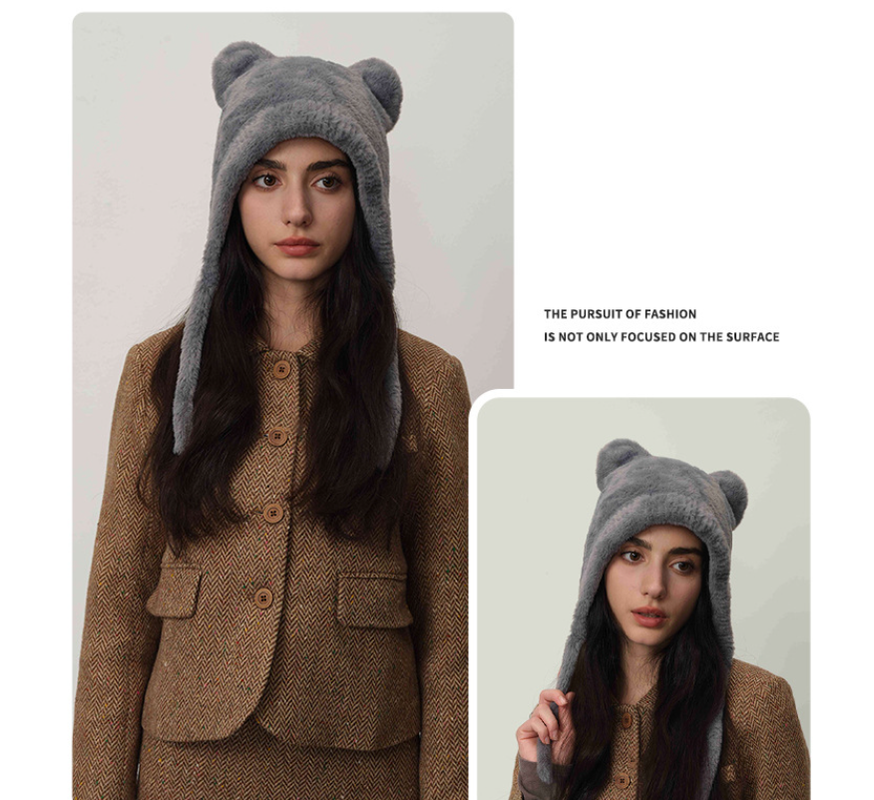 Light gray Fluffy Cat Ear Winter Earflap Hat Women Knitted Warm Cold Weather Cap - Image 2