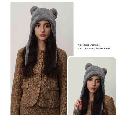 Light gray Fluffy Cat Ear Winter Earflap Hat Women Knitted Warm Cold Weather Cap - Image 2