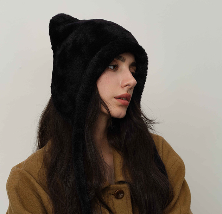 Black Fluffy Cat Ear Winter Earflap Hat Women Knitted Warm Cold Weather Cap - Image 2