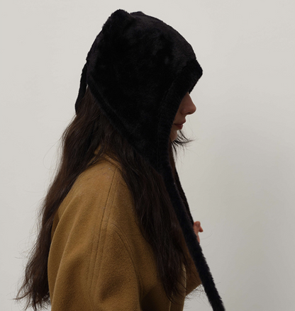 Black Fluffy Cat Ear Winter Earflap Hat Women Knitted Warm Cold Weather Cap - Image 3