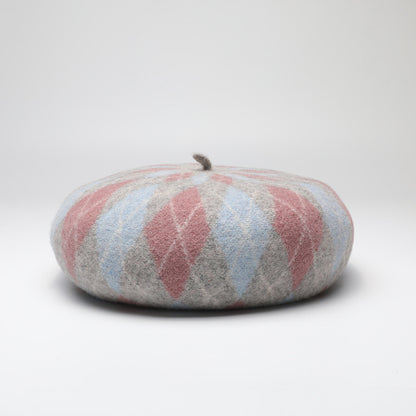 Diamond Colorblock Wool Beret - Stylish Plaid Painter Hat, Warm and Soft - (Pink)