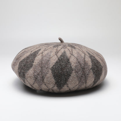Diamond Colorblock Wool Beret - Stylish Plaid Painter Hat, Warm and Soft - (Gray)