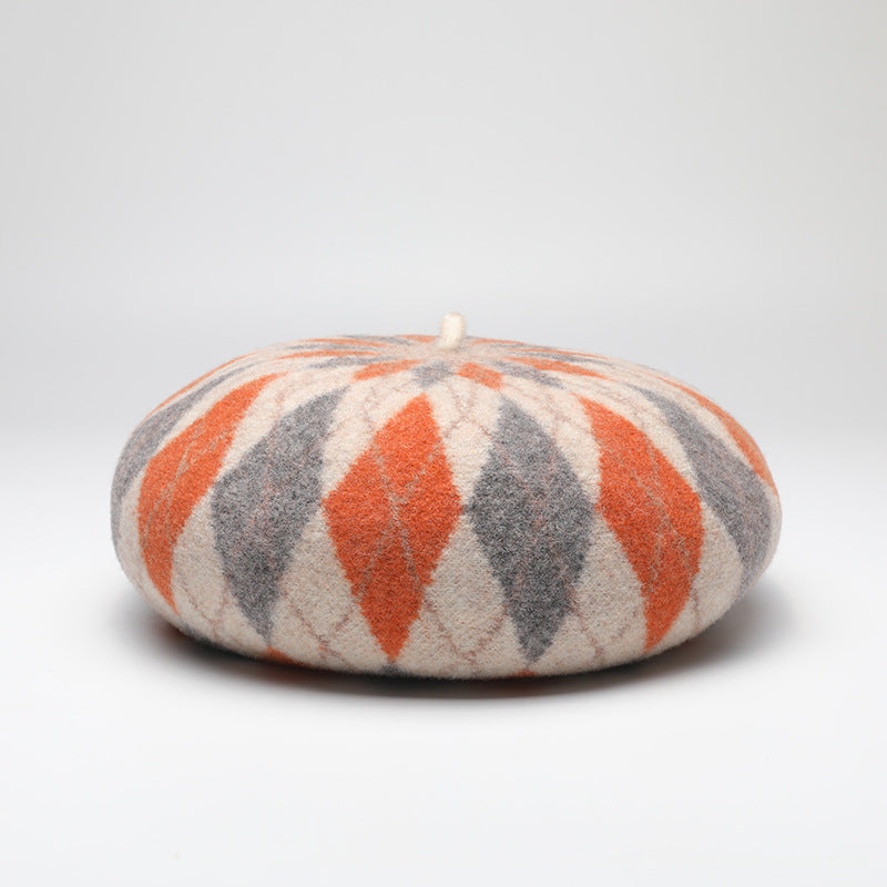 Diamond Colorblock Wool Beret - Stylish Plaid Painter Hat, Warm and Soft - (Orange) - Image 2