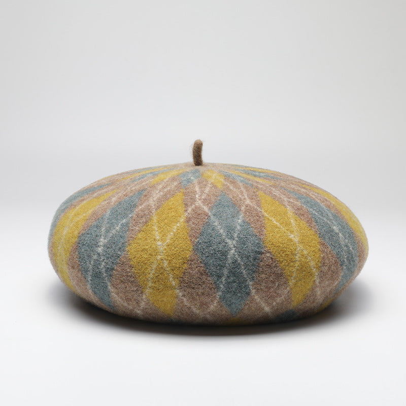 Diamond Colorblock Wool Beret - Stylish Plaid Painter Hat, Warm and Soft - (Yellow) - Image 2