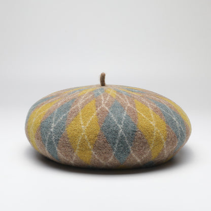 Diamond Colorblock Wool Beret - Stylish Plaid Painter Hat, Warm and Soft - (Yellow) - Image 2