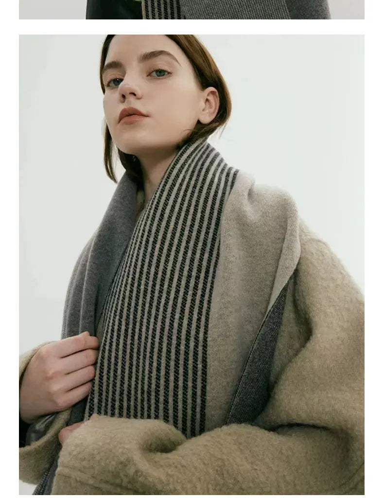 Grey Elegant Color Block Striped Scarf -Men's & Women's Versatile, Winter Warmth 165x29cm - Image 4