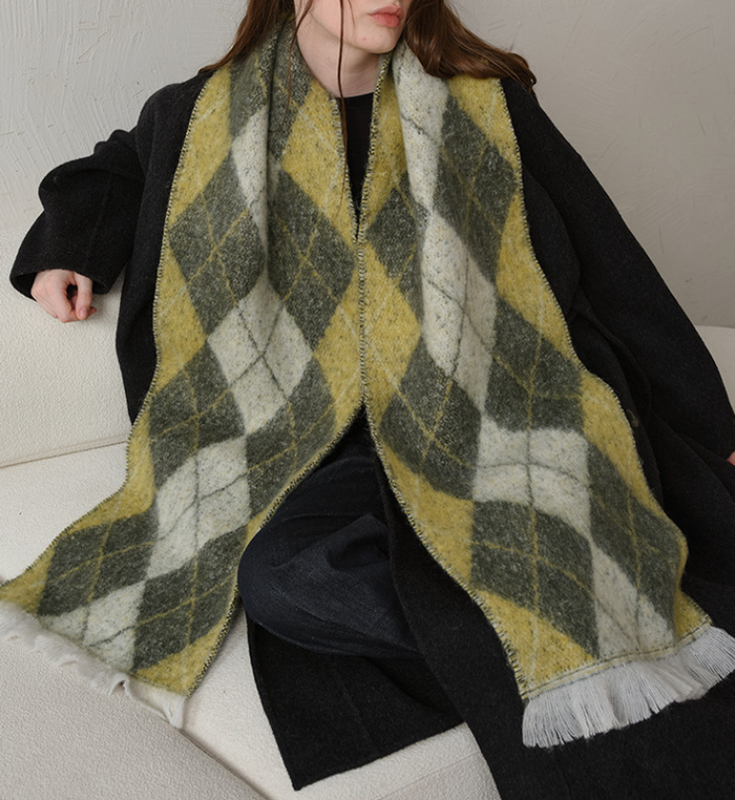 (Yellow+Green)Two-Tone Argyle Pattern Scarf - Ladies' Warm Fashion Neckwear, 210x33cm - Image 4