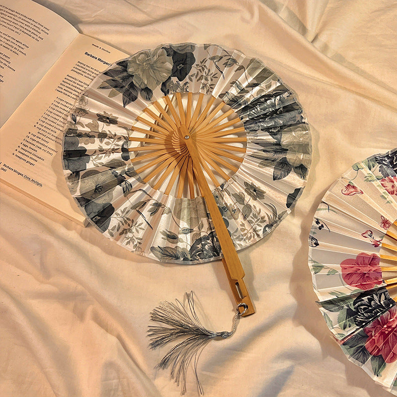 2 PCS Floral Bamboo Folding Hand Fan - Traditional Chinese Style Round Folding Design (Elegant ink flower) - Image 2