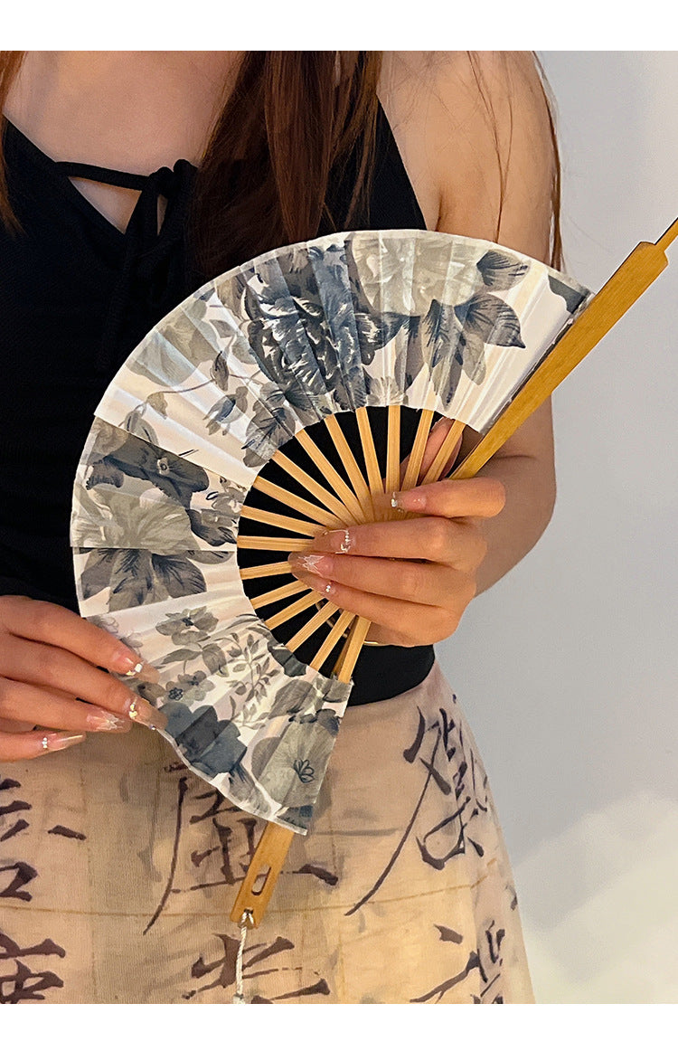 2 PCS Floral Bamboo Folding Hand Fan - Traditional Chinese Style Round Folding Design (Elegant ink flower) - Image 4